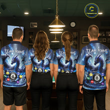 Load image into Gallery viewer, Back view of pool players wearing custom blue dragon billiard shirts in a game room.