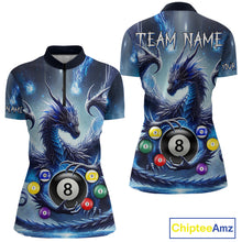 Load image into Gallery viewer, Women’s blue flame smoke eagle skull billiard quarter zip shirt for pool tournament players.
