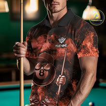 Load image into Gallery viewer, Man wearing a orange 8 ball flame smoke billiard jersey front view.