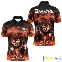Load image into Gallery viewer, Orange 8 ball flame smoke custom billiard polo shirt for men with bold fire graphics.