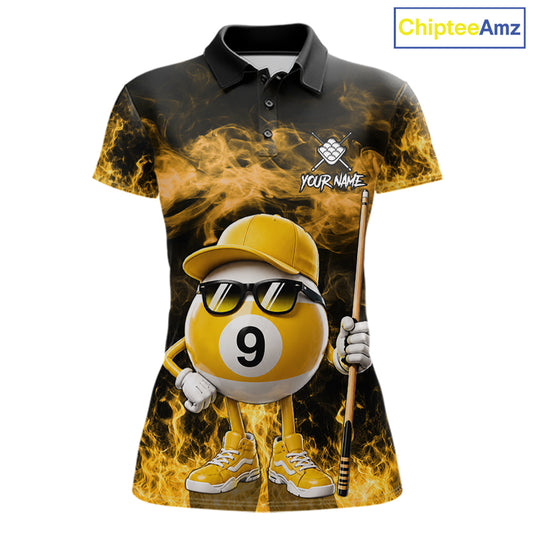 Yellow funny 9 ball flame smoke billiard polo shirt for women, custom billiard team jersey uniform.