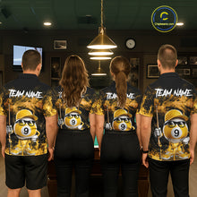 Load image into Gallery viewer, Back view of pool team wearing matching yellow 9 ball flame smoke billiard shirts.