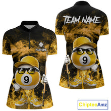 Load image into Gallery viewer, Yellow 9 ball flame smoke quarter zip billiard shirt for women, custom pool team jersey.