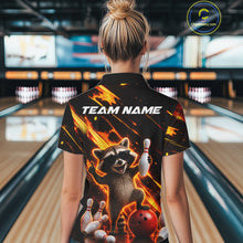 Load image into Gallery viewer, Woman wearing funny raccoon flame bowling polo shirt back view.