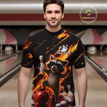 Load image into Gallery viewer, Man wearing funny raccoon flame bowling quarter zip shirt front view.