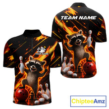 Load image into Gallery viewer, Funny raccoon flame bowling quarter zip shirt for men, custom bowling league jersey.