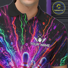 Load image into Gallery viewer, Close up of colorful glowing bowling polo shirt collar, buttons and chest design.