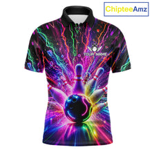 Load image into Gallery viewer, Colorful glowing bowling polo shirt for men, custom bowling team jersey and bowling gift.