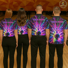 Load image into Gallery viewer, Bowling team wearing matching colorful glowing bowling jerseys back view.