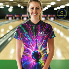 Load image into Gallery viewer, Woman wearing colorful glowing bowling quarter zip shirt front view.