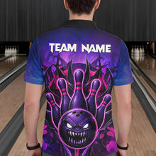 Load image into Gallery viewer, Man wearing purple neon monster bowling polo shirt back view.