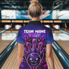 Load image into Gallery viewer, Woman wearing purple neon monster bowling polo shirt back view.