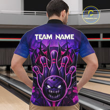 Load image into Gallery viewer, Man wearing purple neon monster bowling quarter zip shirt back view.