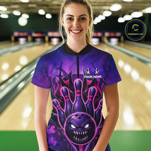 Load image into Gallery viewer, Woman wearing purple neon monster bowling quarter zip shirt front view.
