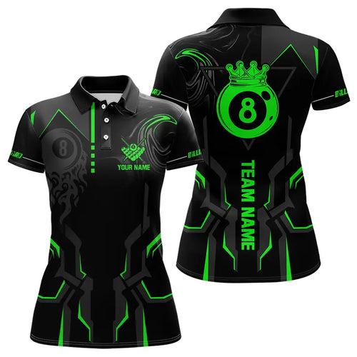 Customized 8 Ball Pool Crown Women Billiard Shirts, Green And Black Billiard Team Shirts Pool Jersey TDM3664