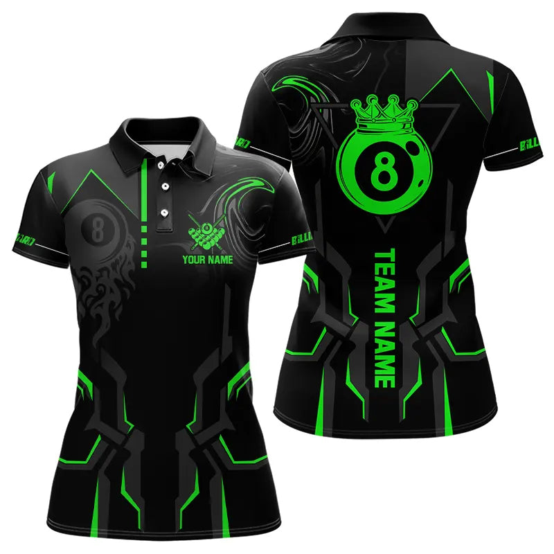 Customized 8 Ball Pool Crown Women Billiard Shirts, Green And Black Billiard Team Shirts Pool Jersey TDM3664