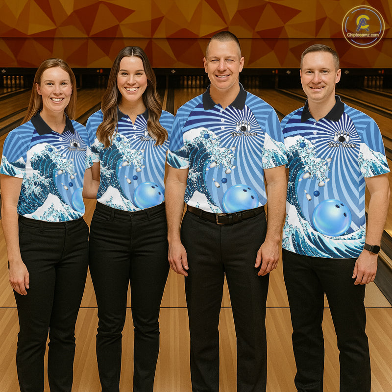 Custom Blue Funny Waves Ocean Bowling Shirt For Women, Bowling Team Jersey Polo & 1/4 Zip TDM6223