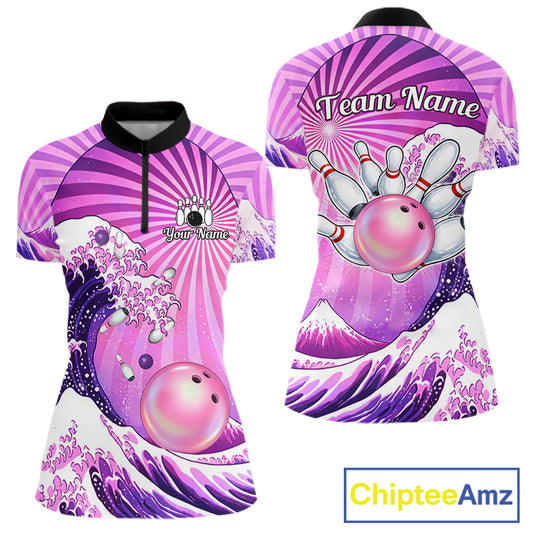 Pink And Purple Funny Waves Ocean Bowling Shirt For Women Custom Bowling Jersey Polo & 1/4 Zip TDM6224
