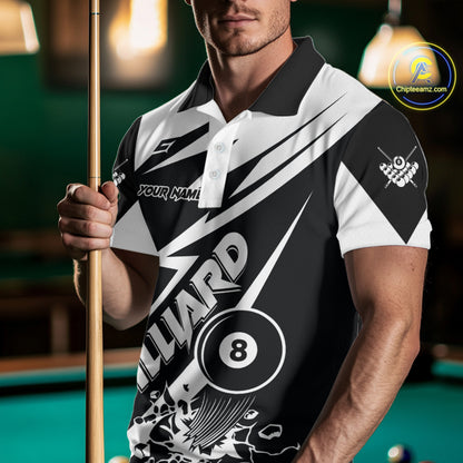 Man wearing a funny black and white 8 ball billiard jersey beside a pool table front view.