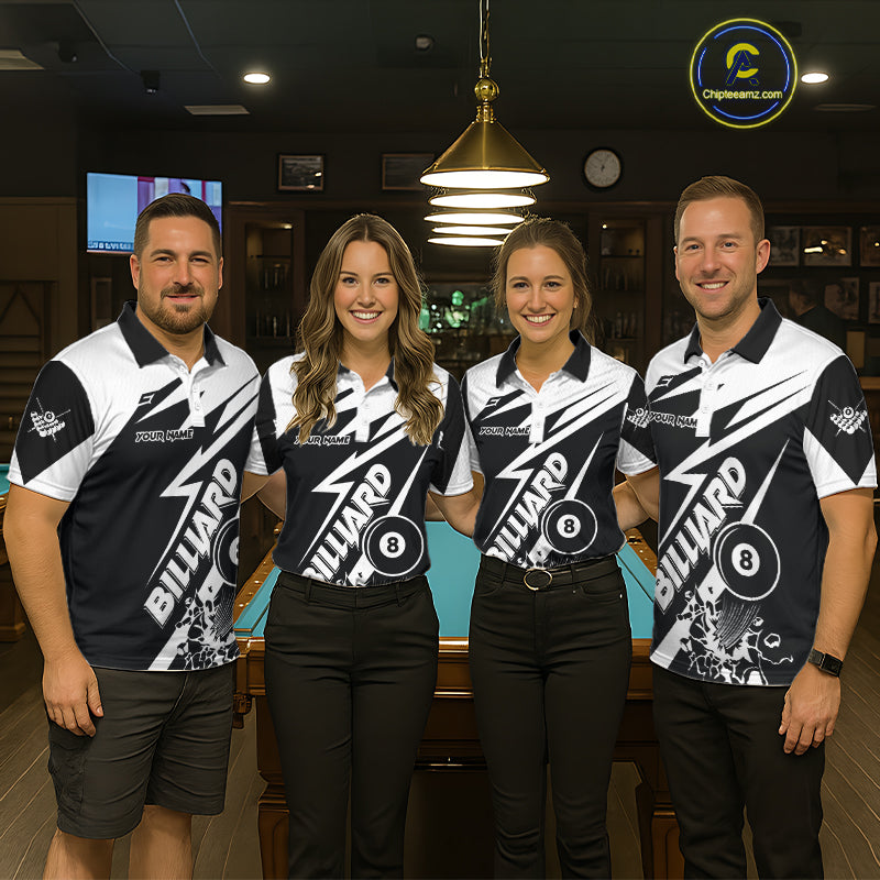 Pool team wearing matching funny 8 ball billiard jerseys during league play front view.