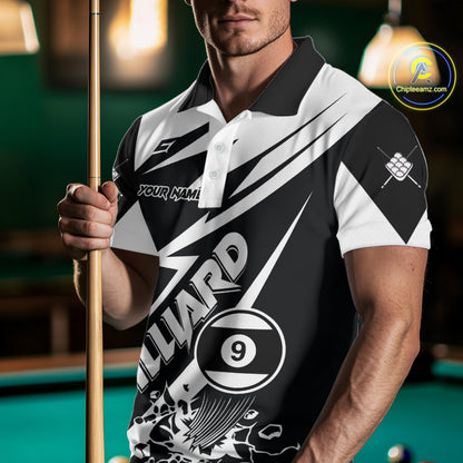 Man wearing a funny black and white 9 ball billiard jersey beside a pool table front view.