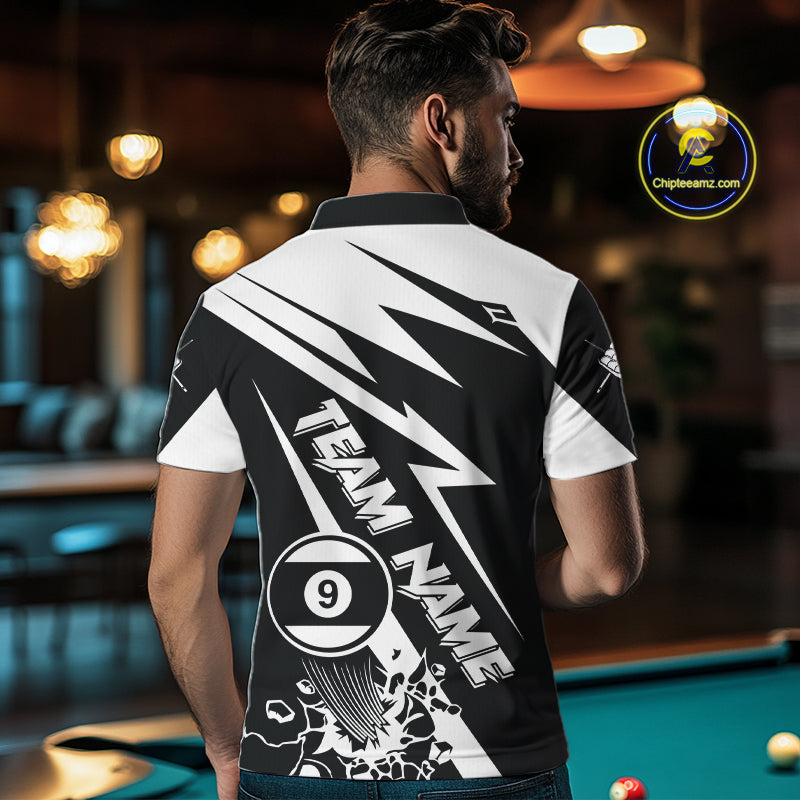 Back view of man wearing a funny 9 ball pool team shirt in a billiards hall.