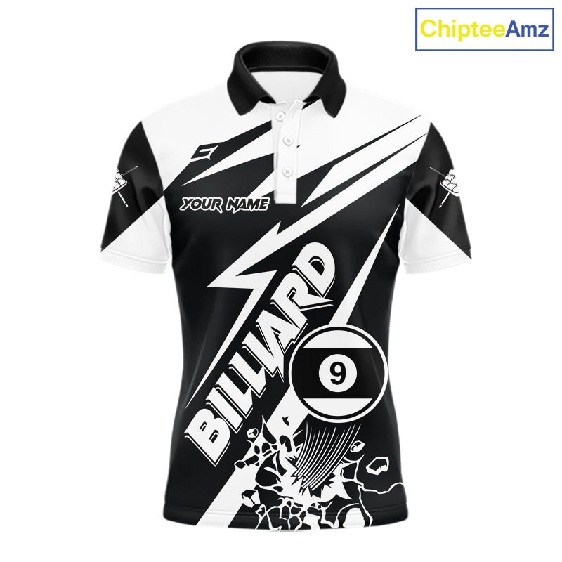 Men’s funny black and white 9 ball pool polo shirt with playful billiard team graphics.