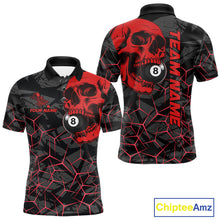 Load image into Gallery viewer, Men’s red skull 8 ball pool polo shirt with bold billiard graphics for league and tournament play.