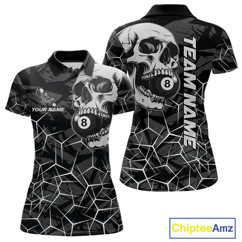 Women’s black and white 8 ball skull pool polo shirt with monochrome billiard team graphics.