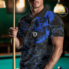 Load image into Gallery viewer, Man wearing a blue skull 8 ball billiard jersey beside a pool table front view.