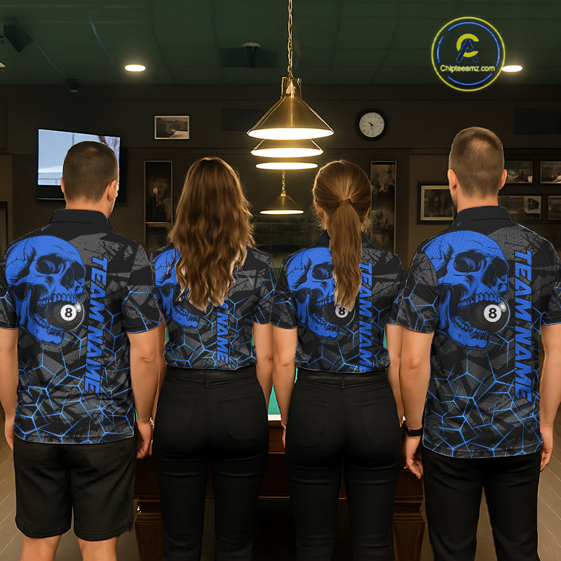 Back view of pool players wearing custom blue skull billiard shirts in a game room.