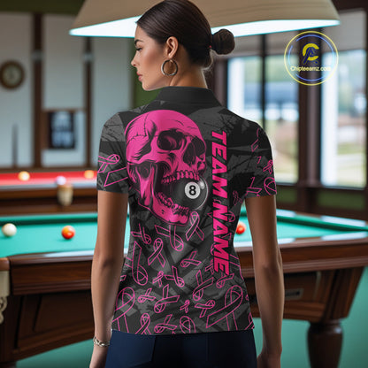 Back view of woman wearing a pink ribbon pool team shirt in a billiards hall.