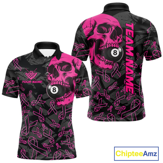 Men’s pink ribbon skull 8 ball pool polo shirt for breast cancer awareness events and league play.