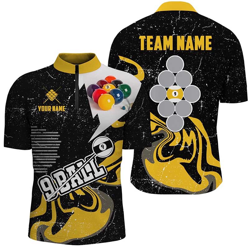 Personalized Yellow Black 9 Ball Pool Men Billiard Shirts Custom Grunge 9 Ball Billiard Team Shirts TDM1936