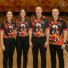 Load image into Gallery viewer, Bowling team wearing matching black and orange flame eagle jerseys front view.