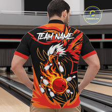 Load image into Gallery viewer, Man wearing black and orange flame eagle bowling quarter zip shirt back view.