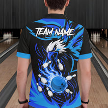Load image into Gallery viewer, Man wearing black and blue flame eagle bowling polo shirt back view.