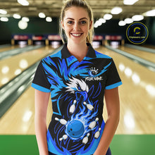Load image into Gallery viewer, Woman wearing black and blue flame eagle bowling polo shirt front view.