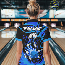 Load image into Gallery viewer, Woman wearing black and blue flame eagle bowling polo shirt back view.