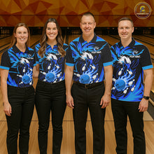 Load image into Gallery viewer, Bowling team wearing matching black and blue flame eagle jerseys front view.
