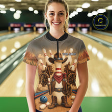 Load image into Gallery viewer, Woman wearing funny cowboy bowling quarter zip shirt front view.