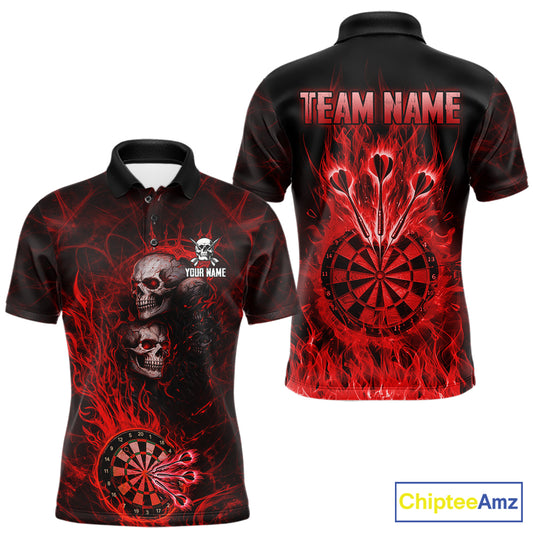 Red Flaming Skull Darts Polo & Quarter Zip Custom Fire Darts Shirt For Men, Darts Team Jersey TDM5620