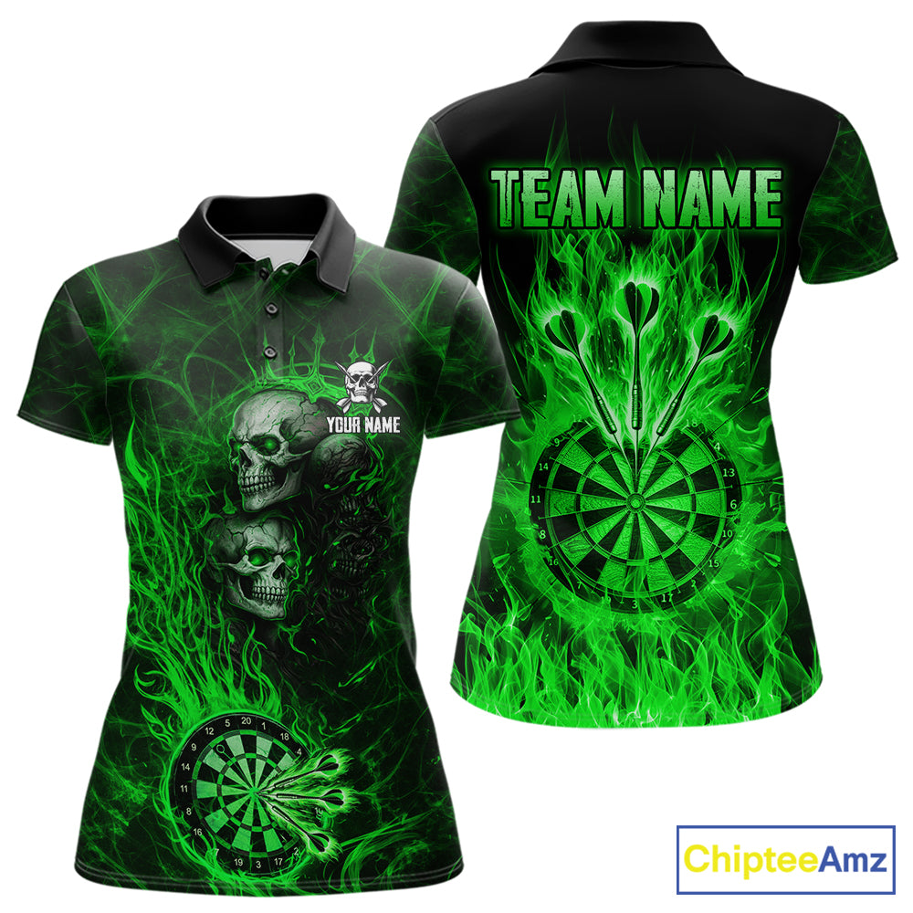 Green Flaming Skull Darts Polo & Quarter Zip Custom Fire Darts Shirt For Women, Darts Team Jersey TDM5621