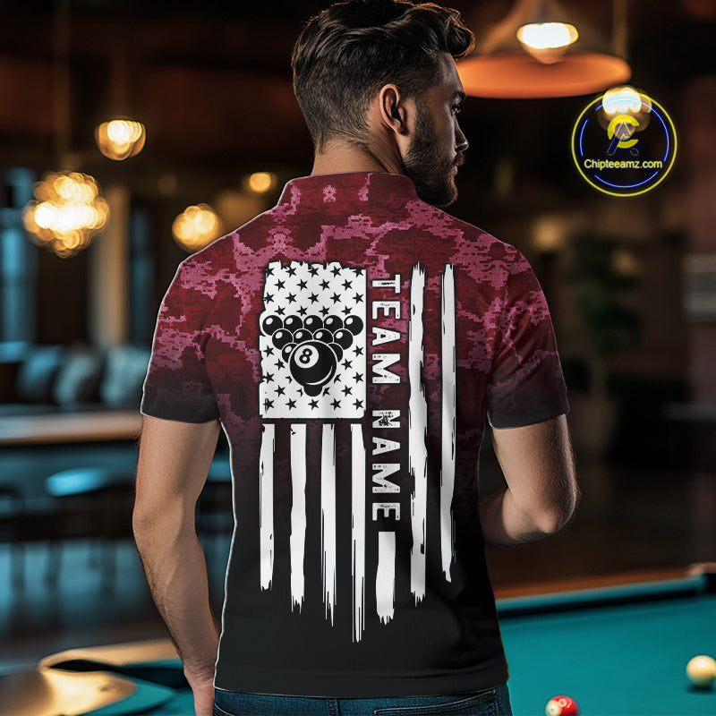 Black And Red Camo US Flag 8 Ball Billiard Shirt For Men Custom Pool Team Jersey Polo & 1/4 Zip TDM5994