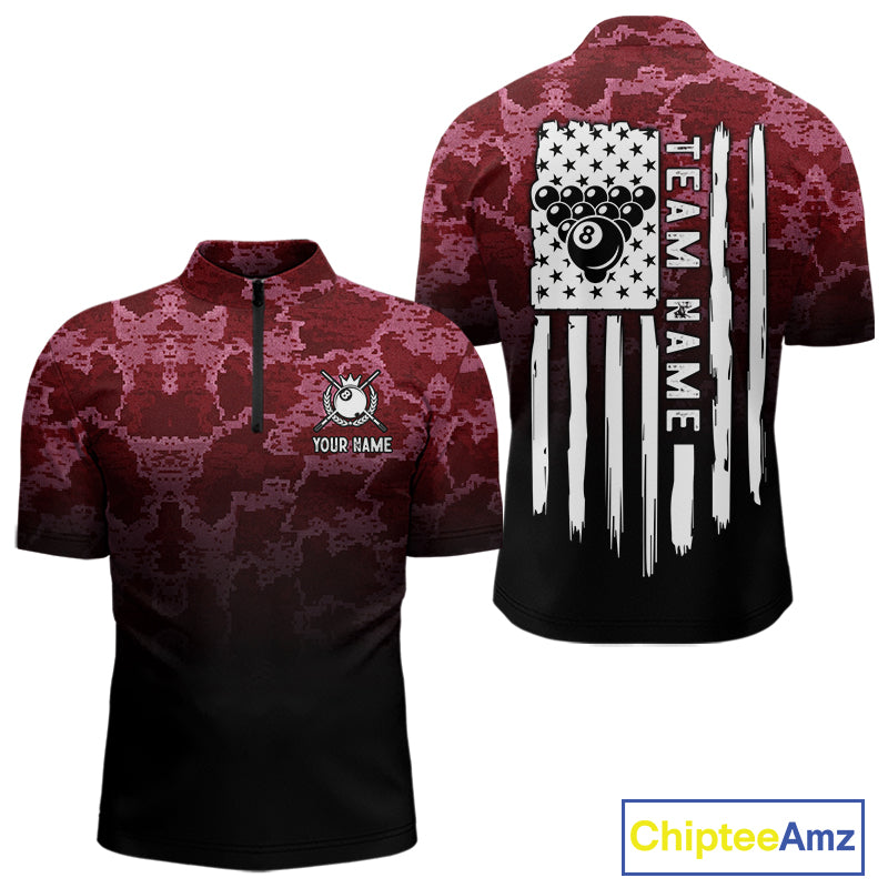 Black And Red Camo US Flag 8 Ball Billiard Shirt For Men Custom Pool Team Jersey Polo & 1/4 Zip TDM5994