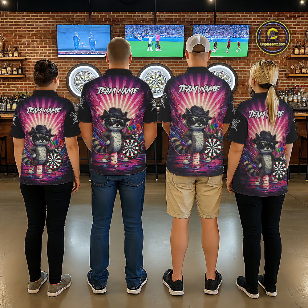 Pink Funny Raccoon Neon Graffiti Darts Shirt For Women Custom Darts Jersey Team Polo & 1/4 Zip TDM6000