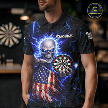 Load image into Gallery viewer, Blue Lightning US Flag Skull Darts Shirt For Men Custom Darts Jersey Team Polo &amp; Quarter Zip TDM6231