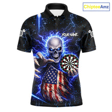 Load image into Gallery viewer, Blue Lightning US Flag Skull Darts Shirt For Men Custom Darts Jersey Team Polo &amp; Quarter Zip TDM6231