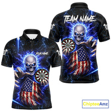 Load image into Gallery viewer, Blue Lightning US Flag Skull Darts Shirt For Men Custom Darts Jersey Team Polo &amp; Quarter Zip TDM6231