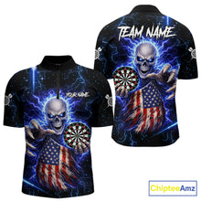 Load image into Gallery viewer, Blue Lightning US Flag Skull Darts Shirt For Men Custom Darts Jersey Team Polo &amp; Quarter Zip TDM6231